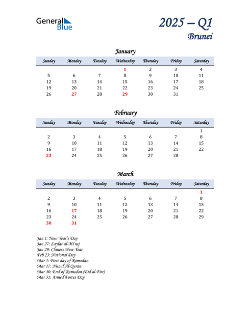  January, February, and March Calendar for Brunei