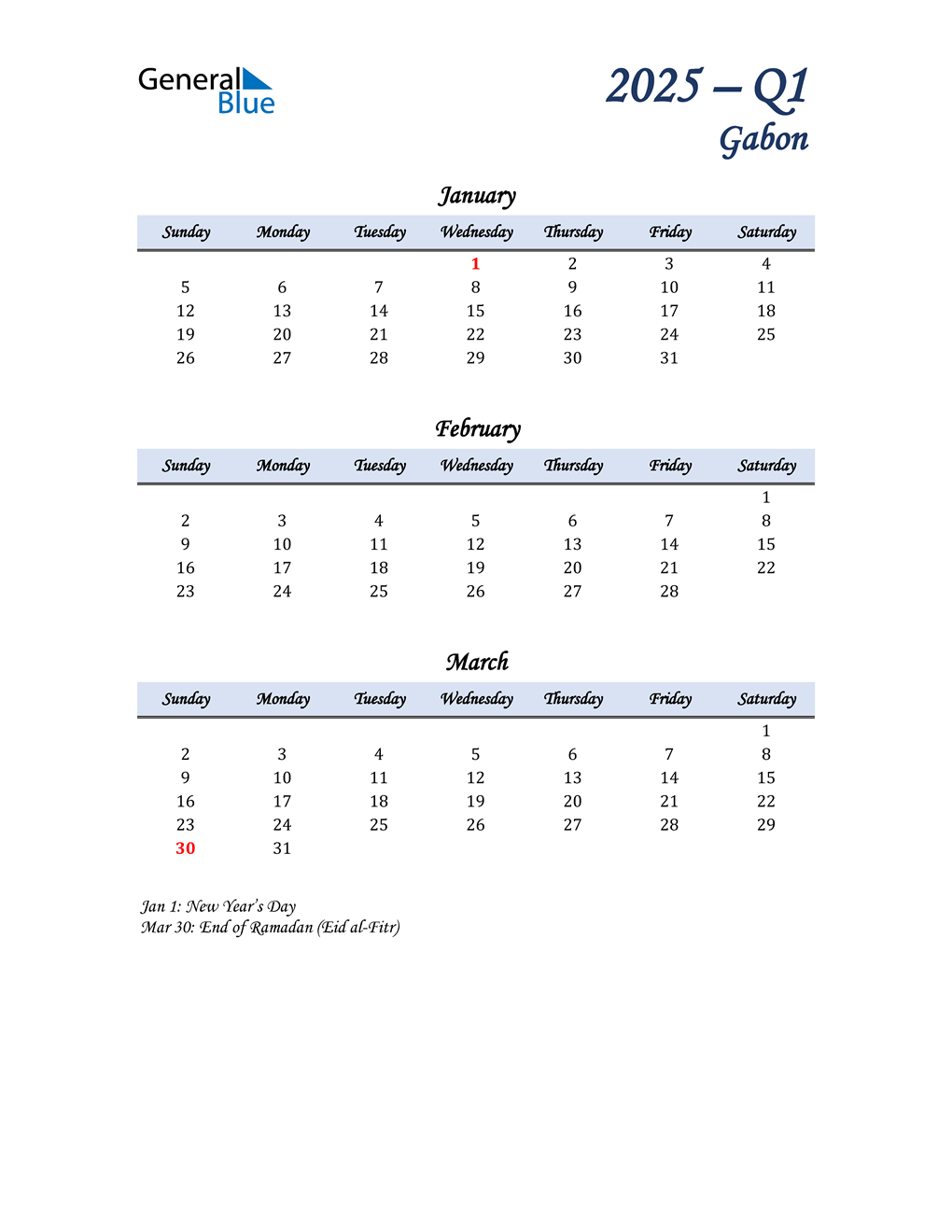  January, February, and March Calendar for Gabon