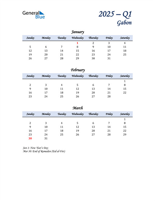  January, February, and March Calendar for Gabon