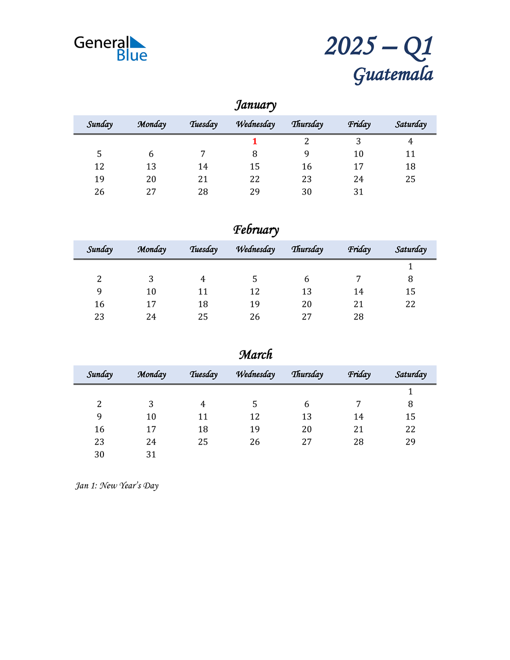  January, February, and March Calendar for Guatemala