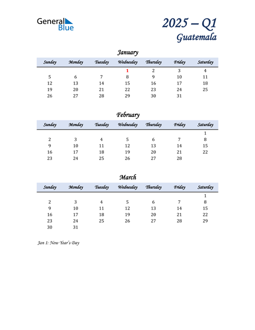  January, February, and March Calendar for Guatemala