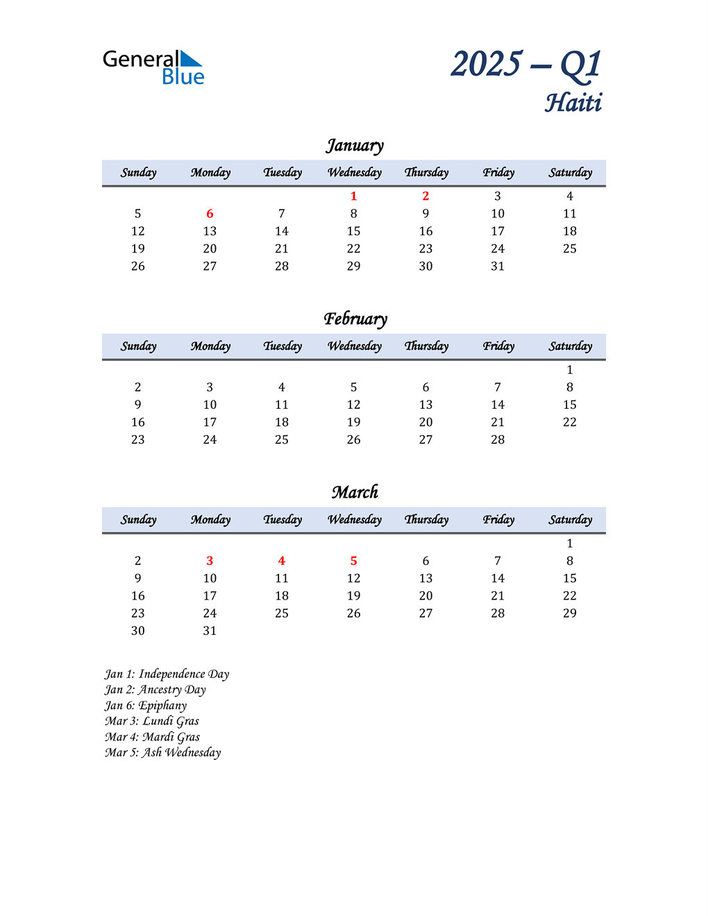  January, February, and March Calendar for Haiti