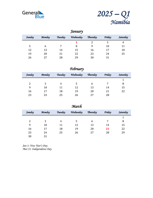  January, February, and March Calendar for Namibia