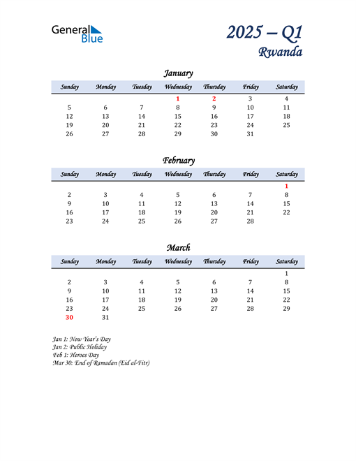  January, February, and March Calendar for Rwanda
