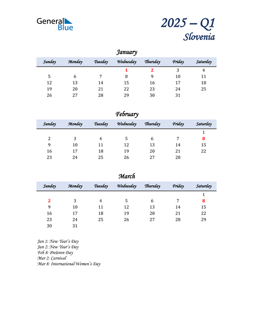 January, February, and March Calendar for Slovenia