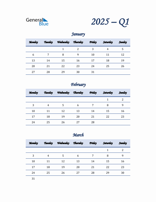 Monday Start 2025 Quarterly Calendar