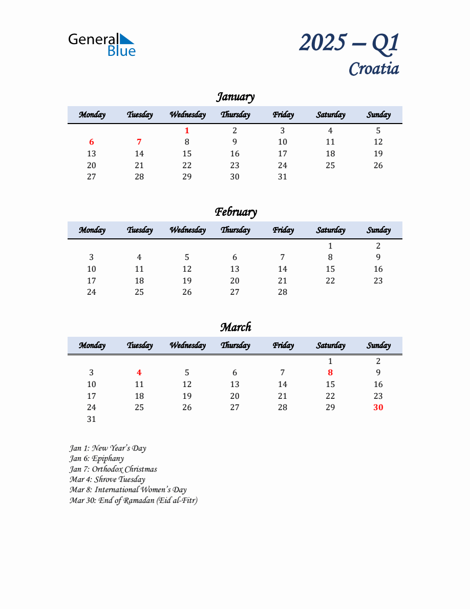 January, February, and March Calendar for Croatia with Monday Start