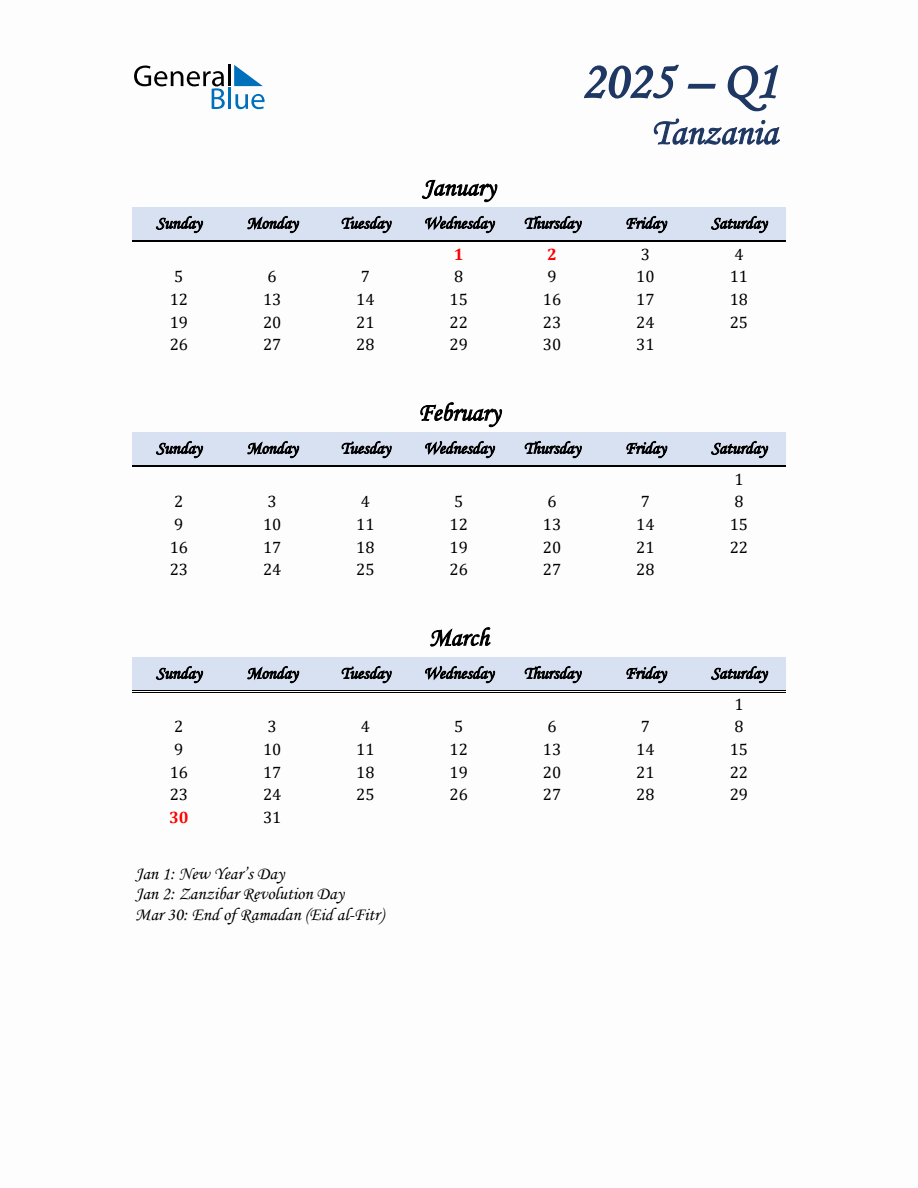 January, February, and March Calendar for Tanzania with Sunday Start