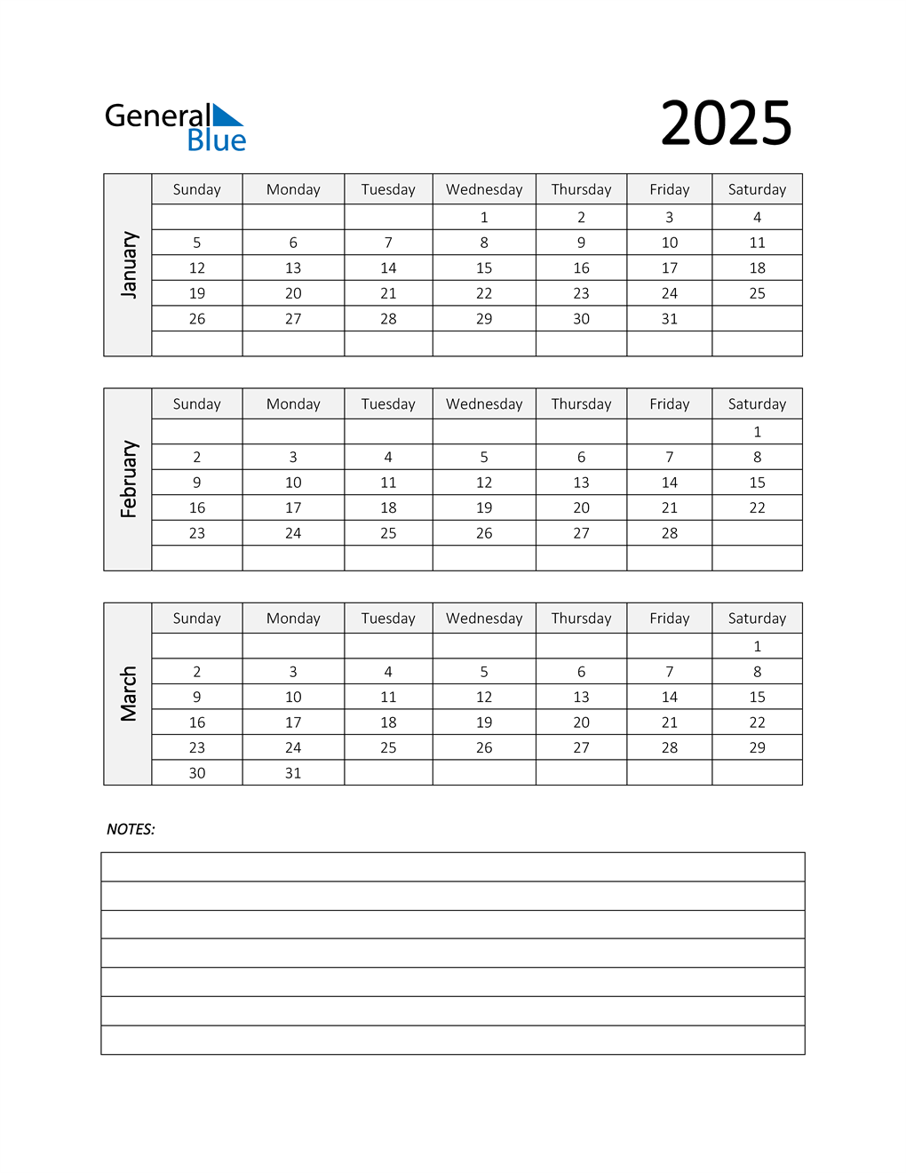  Q1 2025 Calendar with Notes