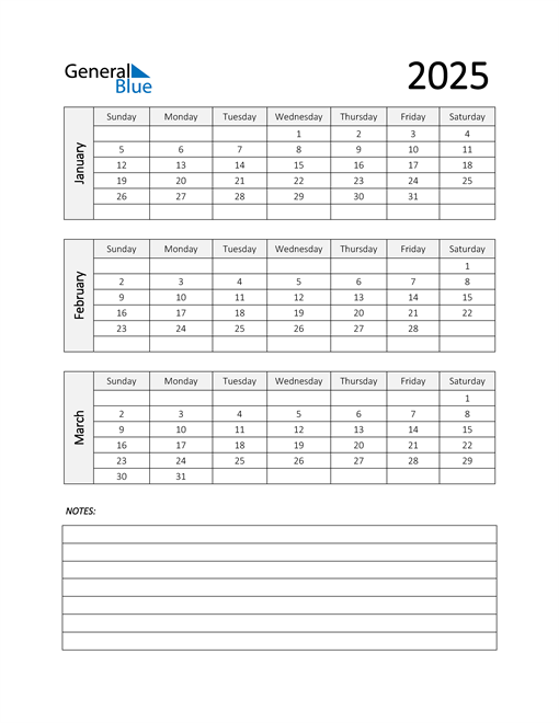  Q1 2025 Calendar with Notes