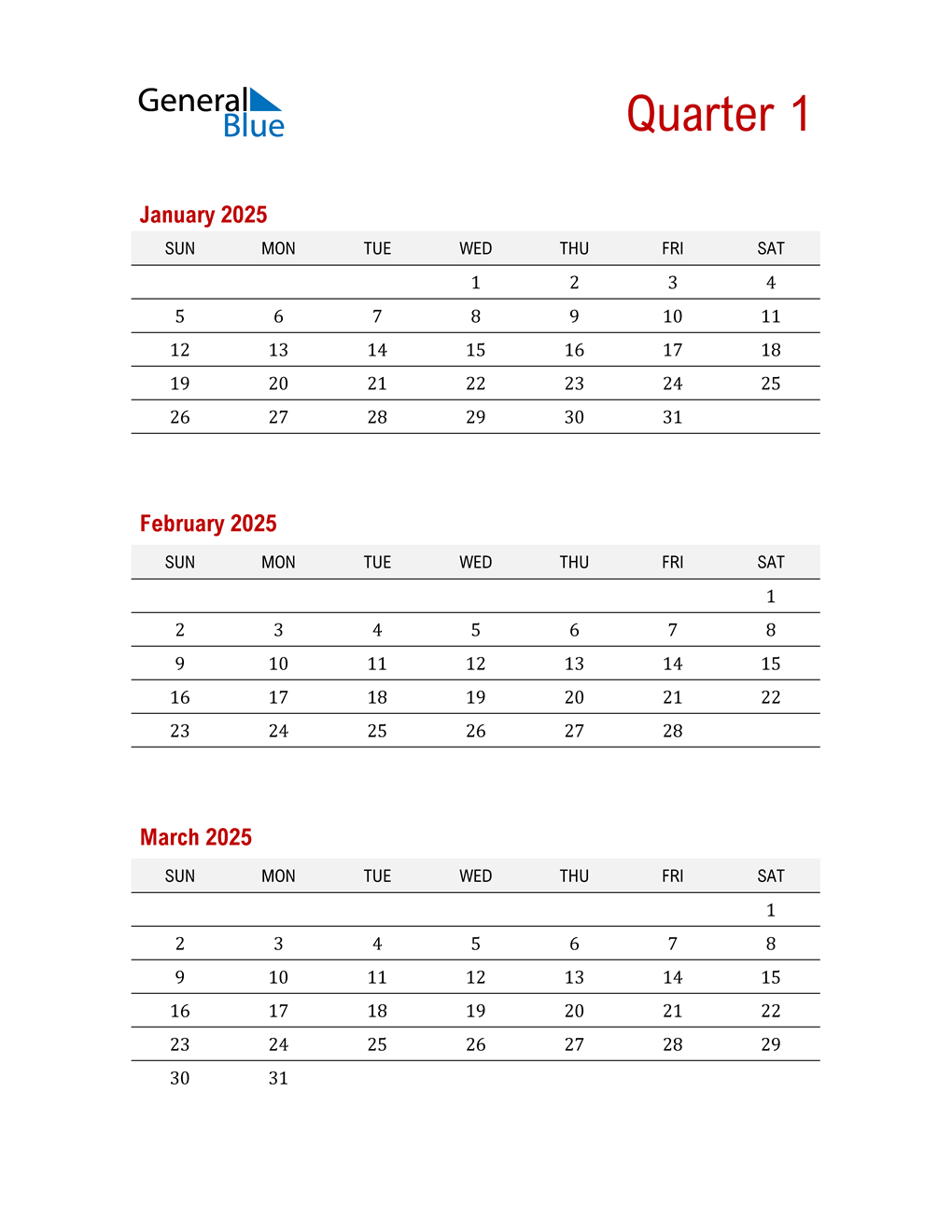  Three-Month Printable Calendar 2025