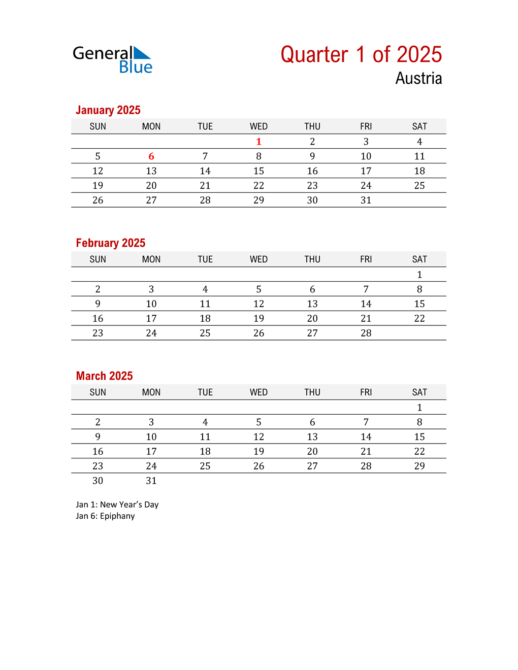  Printable Three Month Calendar for Austria