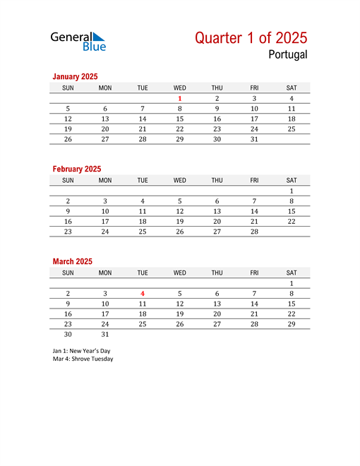  Printable Three Month Calendar for Portugal