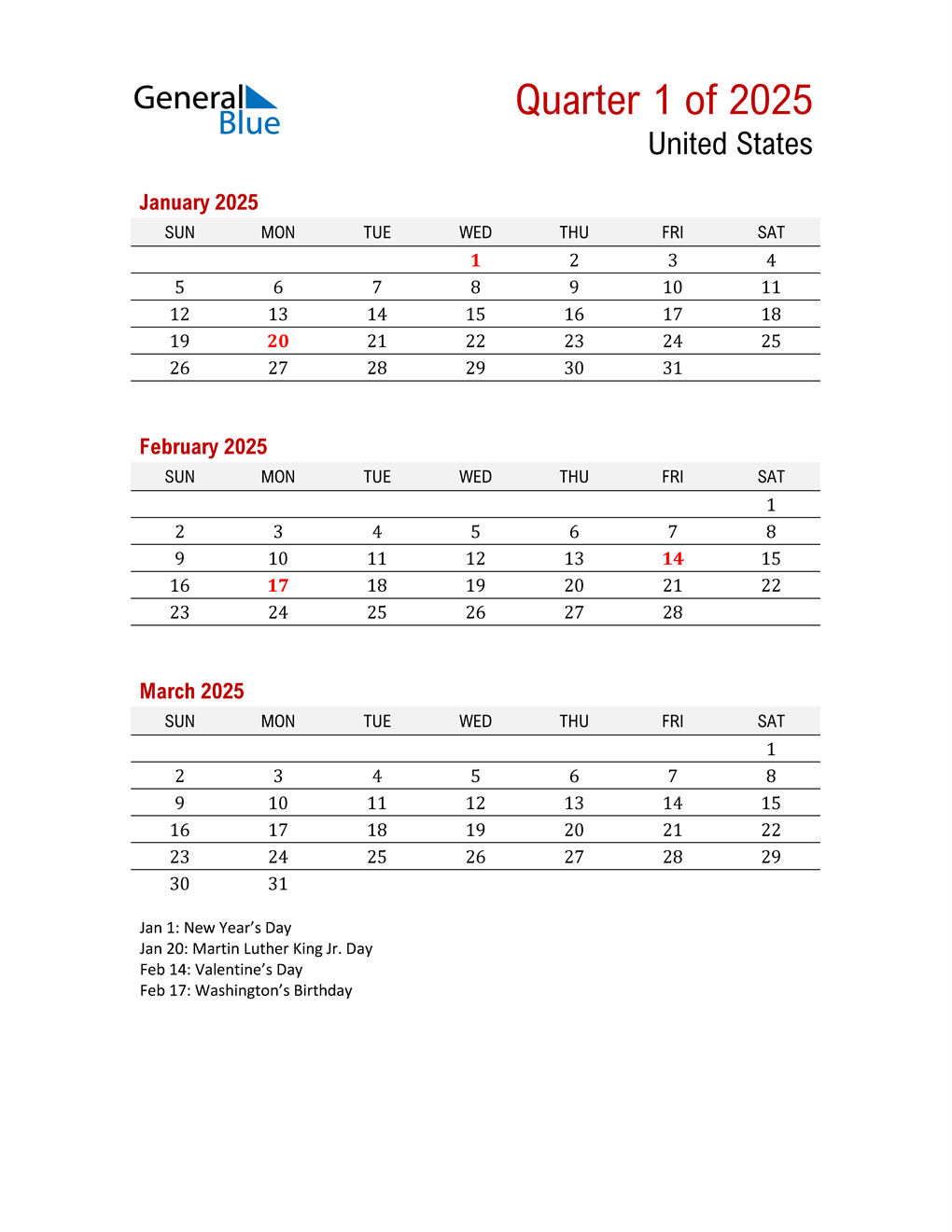 Q1 2025 Quarterly Calendar with United States Holidays