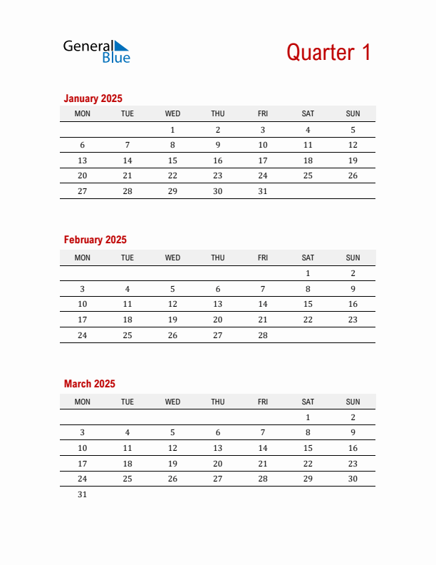 Three-Month Printable Calendar 2025