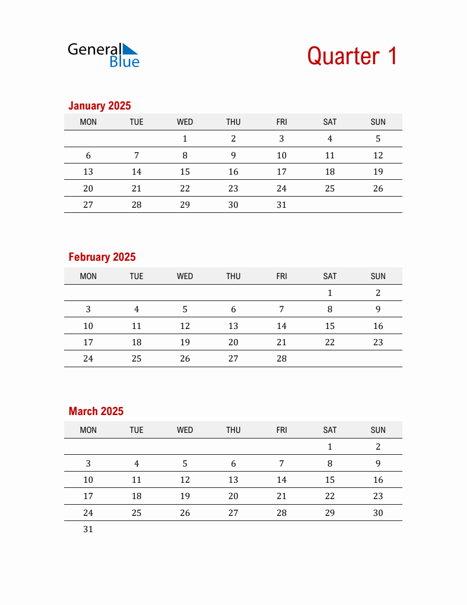 Quarter 1 2025 Calendar Printable (PDF, Word, Excel)