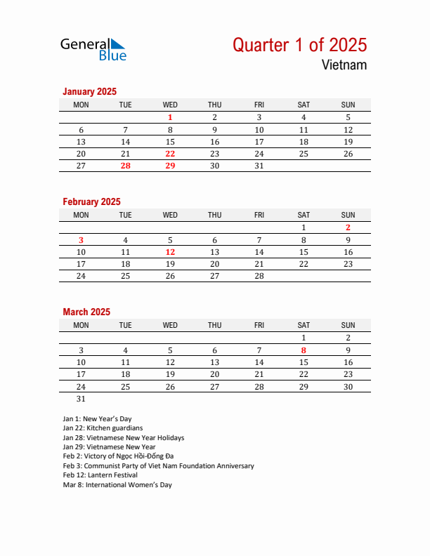 Threemonth calendar for Vietnam Q1 of 2025
