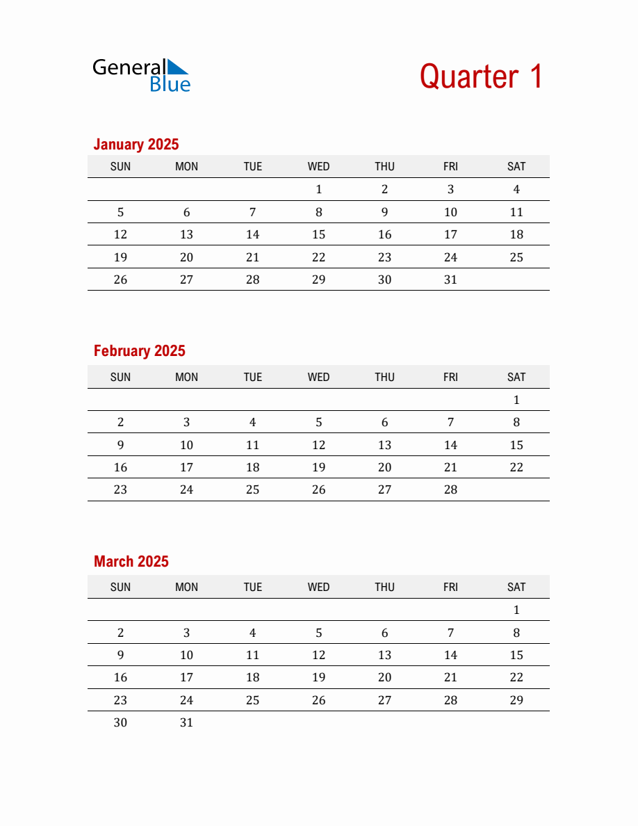 Quarter 1 2025 Calendar Printable (PDF, Word, Excel)