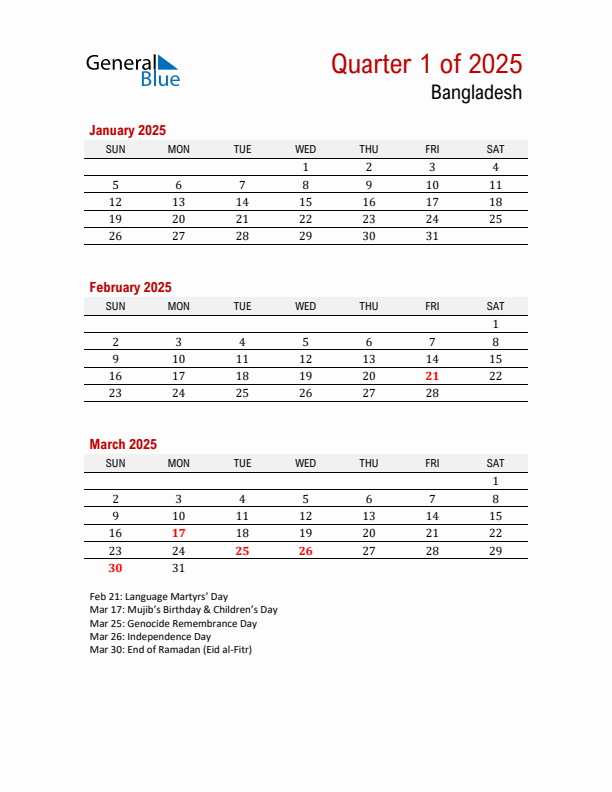 Q1 2025 Quarterly Calendar with Bangladesh Holidays