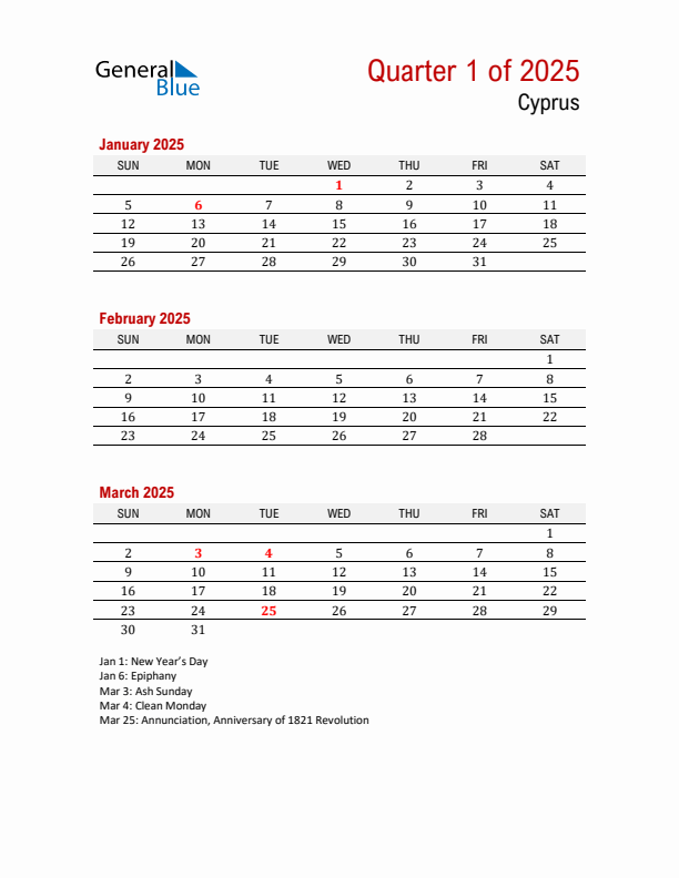 Printable Three Month Calendar with Cyprus Holidays
