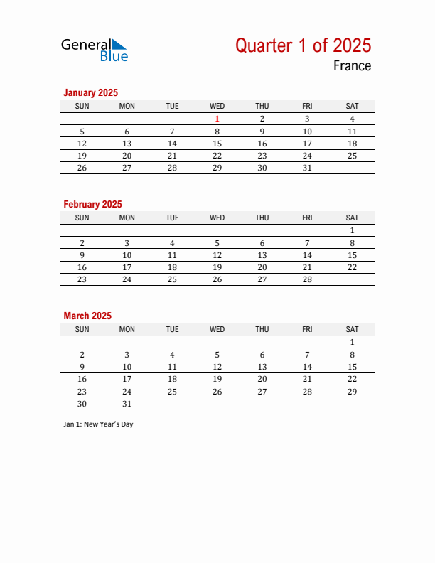 Printable Three Month Calendar with France Holidays