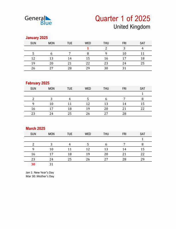 Q1 2025 Quarterly Calendar with United Kingdom Holidays (PDF, Excel, Word)