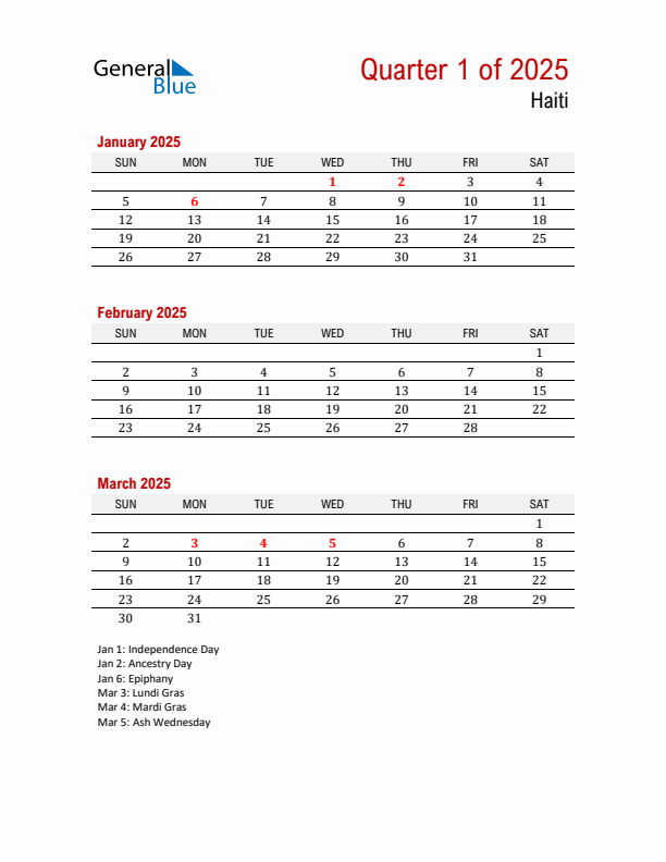 Printable Three Month Calendar with Haiti Holidays