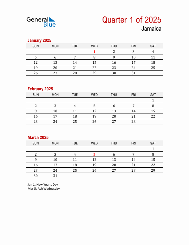 Q1 2025 Quarterly Calendar with Jamaica Holidays