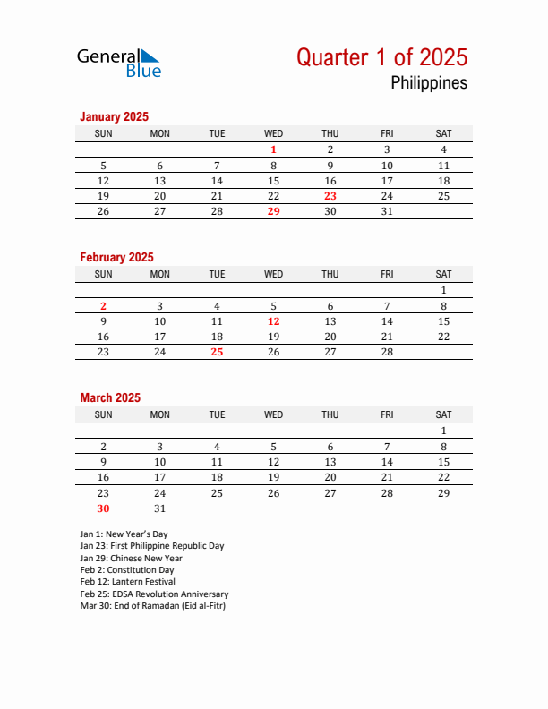 Q1 2025 Quarterly Calendar with Philippines Holidays (PDF, Excel, Word)