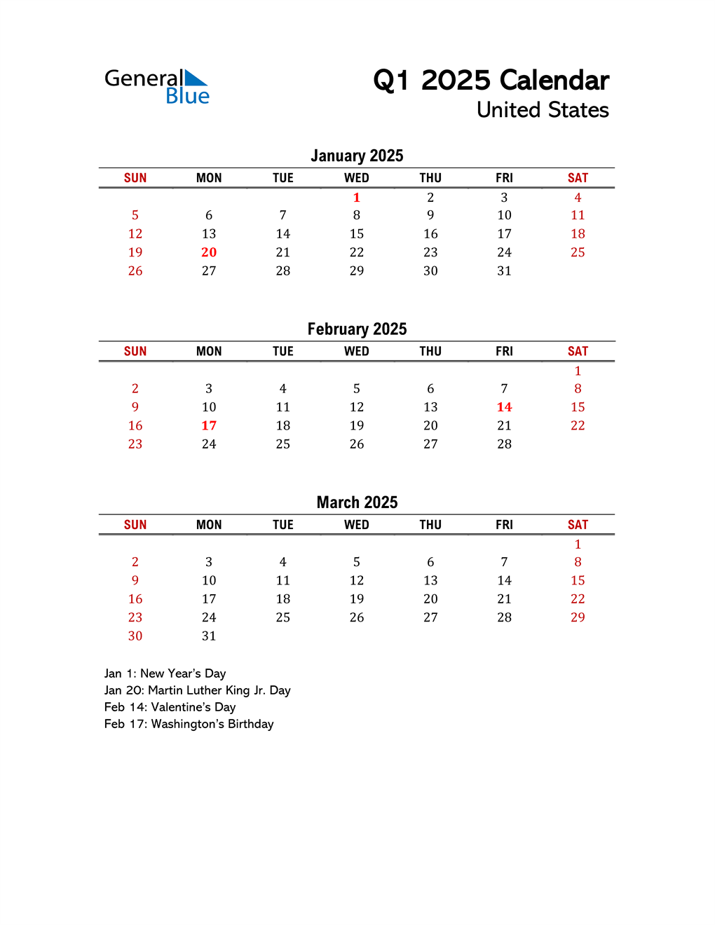 Q1 2025 Quarterly Calendar with United States Holidays