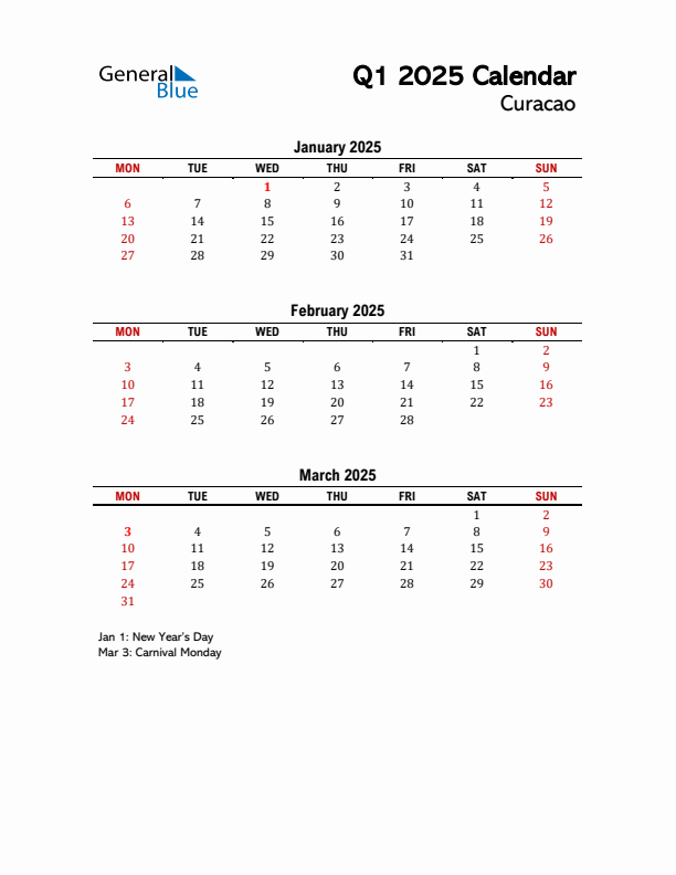 2025 Q1 Calendar with Holidays List for Curacao