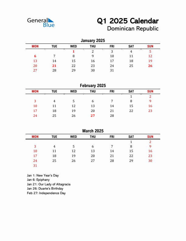 2025 Q1 Calendar with Holidays List for Dominican Republic