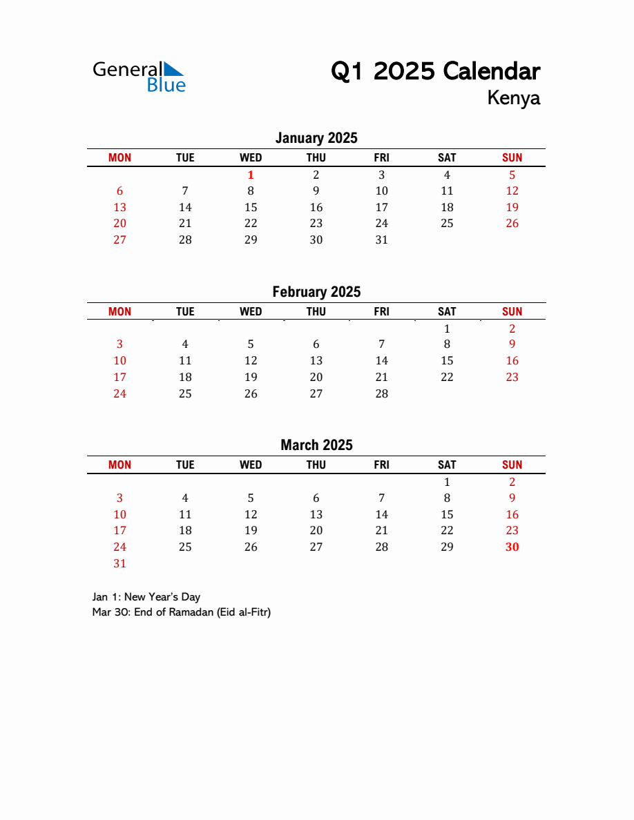 2025 Q1 Calendar with Holidays List for Kenya