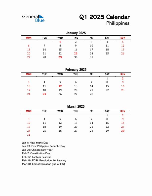 2025 Q1 Calendar with Holidays List for Philippines