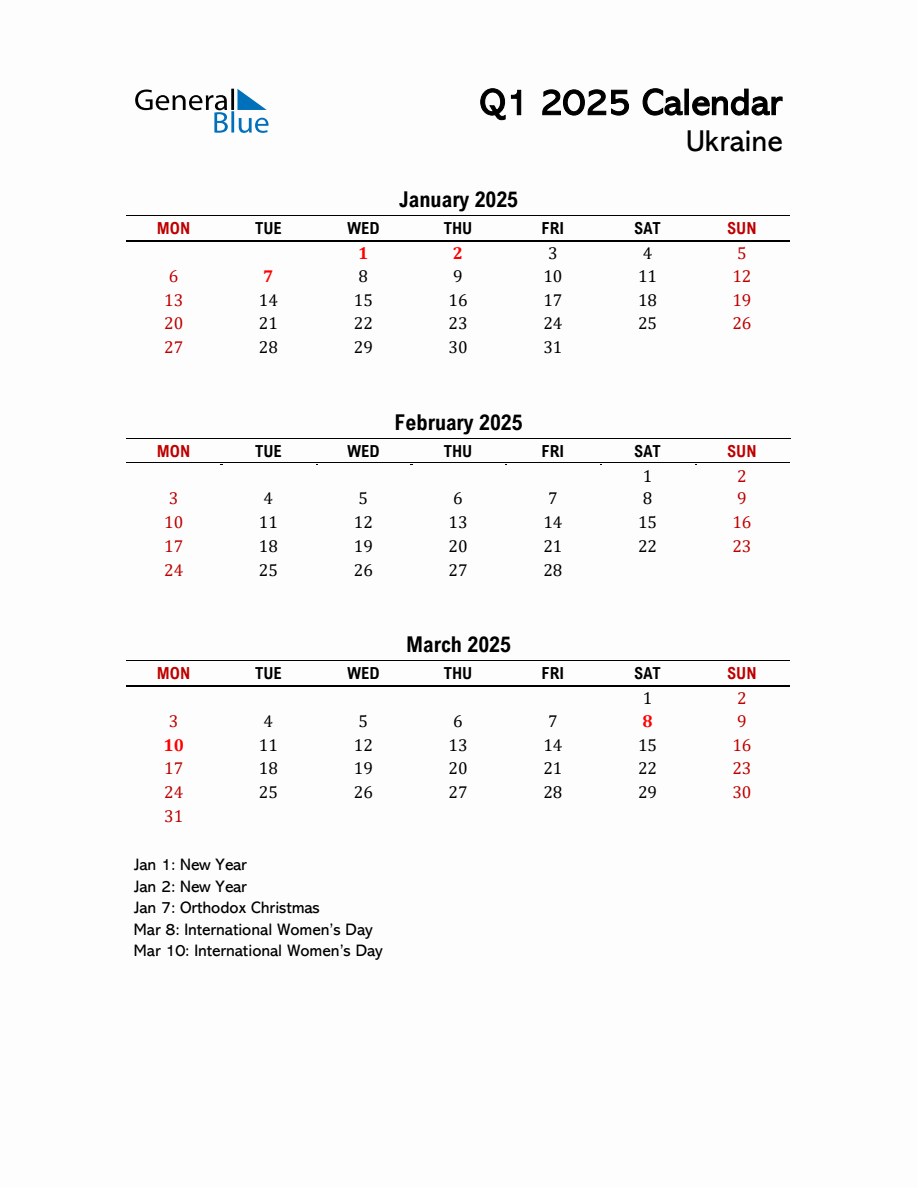 2025 Q1 Calendar with Holidays List for Ukraine