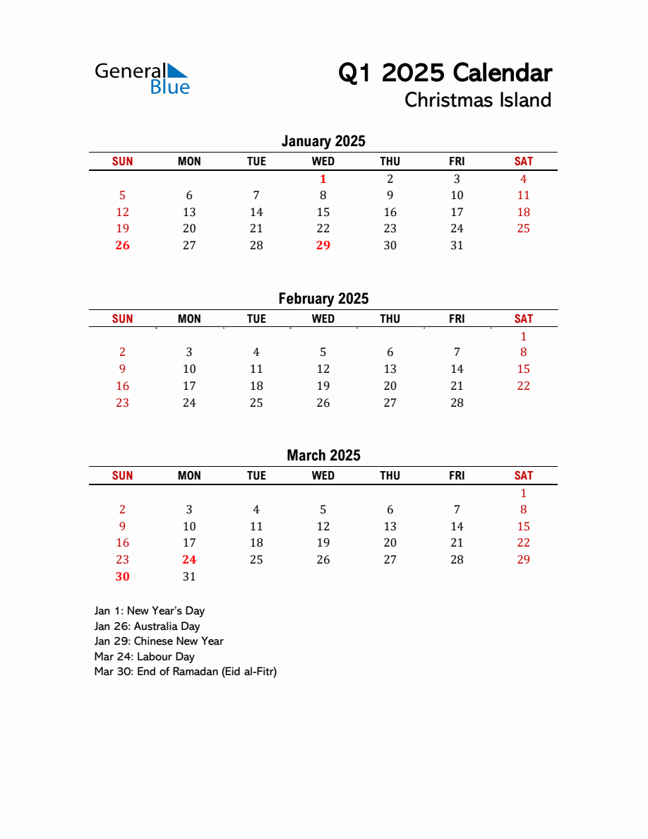 2025 Q1 Calendar with Holidays List for Christmas Island