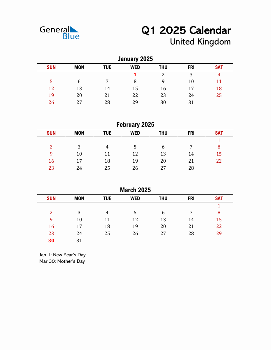 2025 Q1 Calendar with Holidays List for United Kingdom