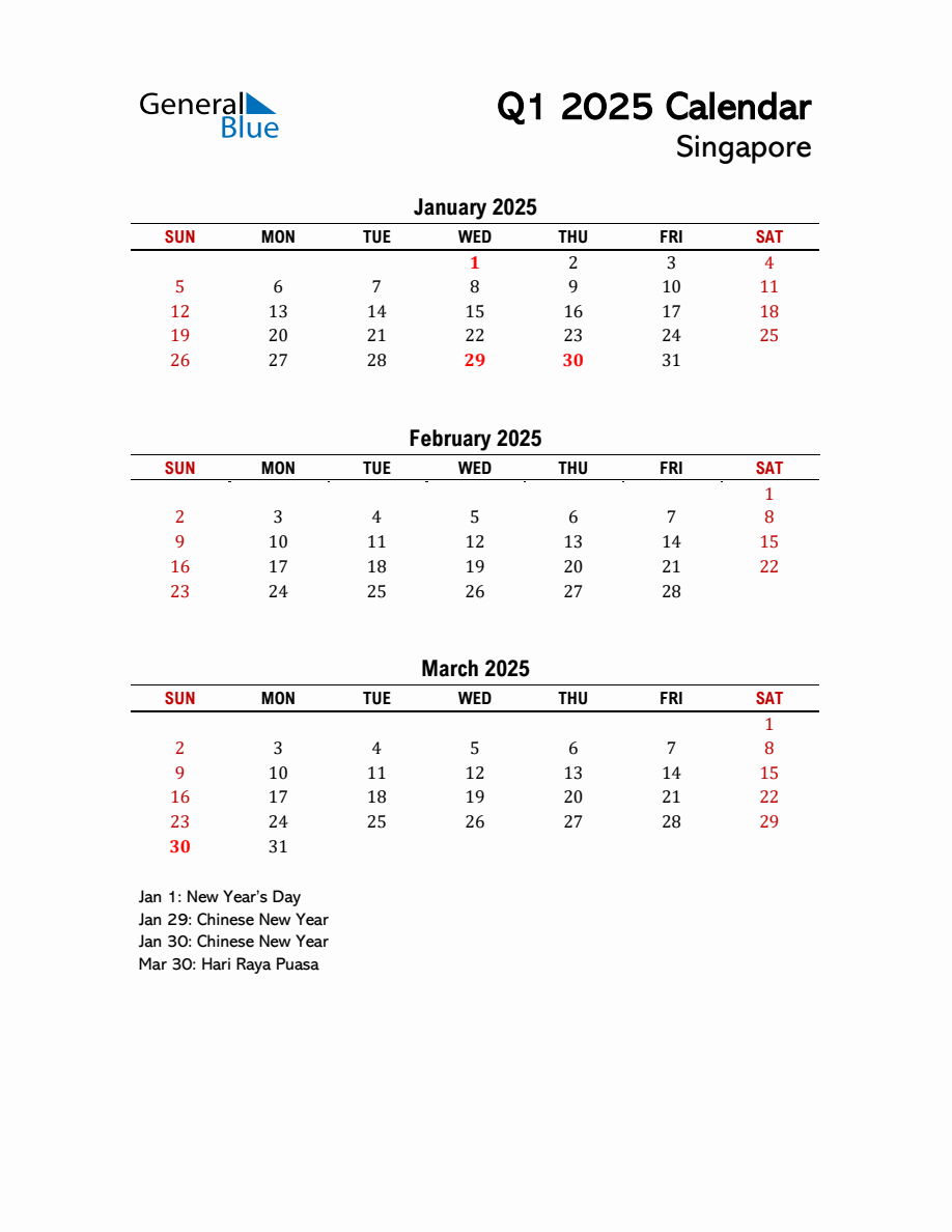 2025 Q1 Calendar with Holidays List for Singapore