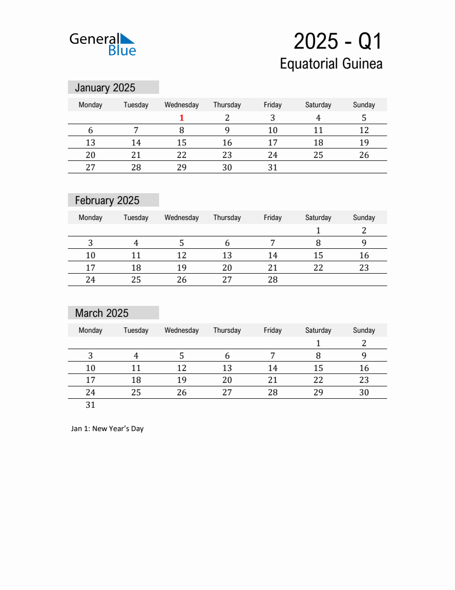Equatorial Guinea Quarter 1 2025 Calendar with Holidays