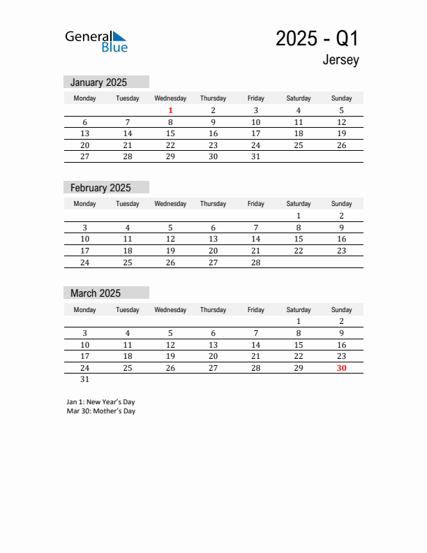 Jersey Quarter 1 2025 Calendar with Holidays
