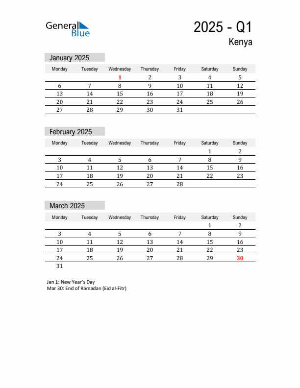 Kenya Quarter 1 2025 Calendar with Holidays