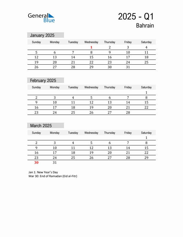 Bahrain Quarter 1 2025 Calendar with Holidays