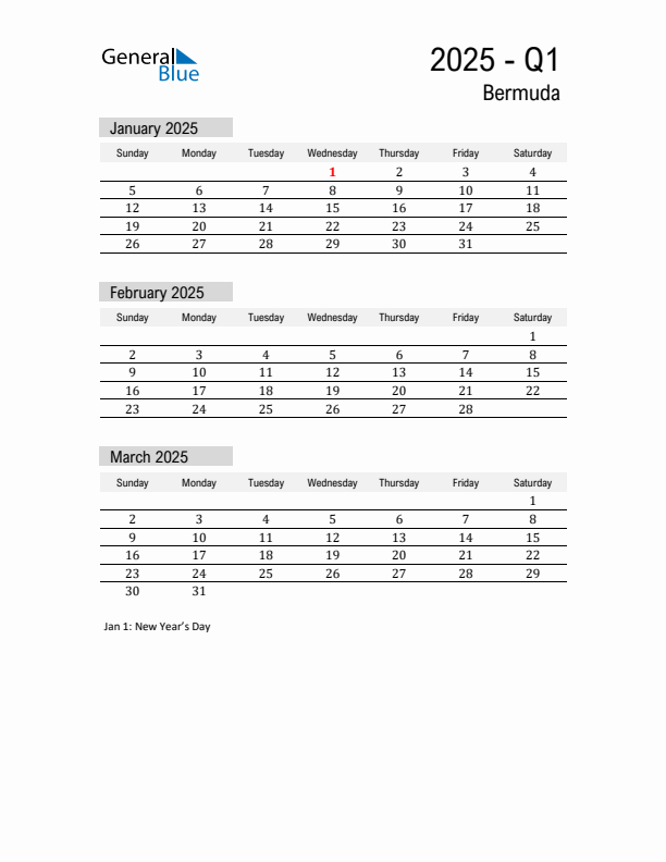 Bermuda Quarter 1 2025 Calendar with Holidays