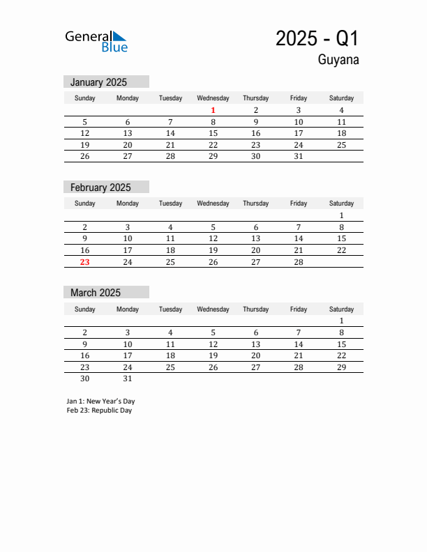 Guyana Quarter 1 2025 Calendar with Holidays