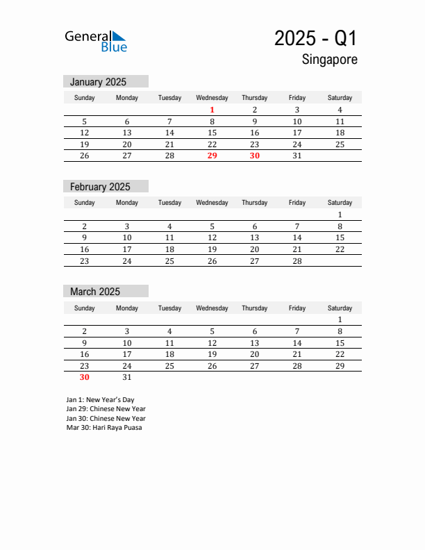 Singapore Quarter 1 2025 Calendar with Holidays