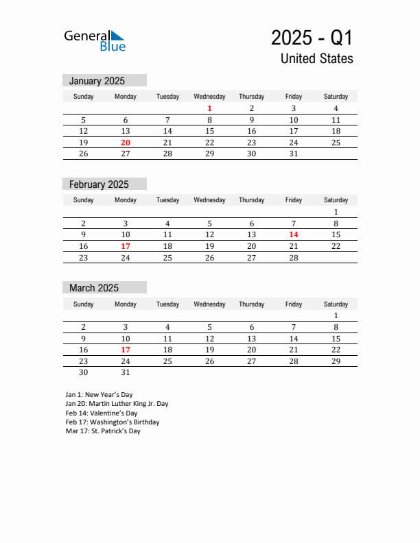 Q1 2025 Quarterly Calendar with United States Holidays (PDF, Excel, Word)