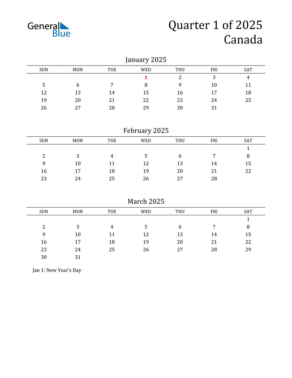 Q1 2025 Quarterly Calendar for Canada