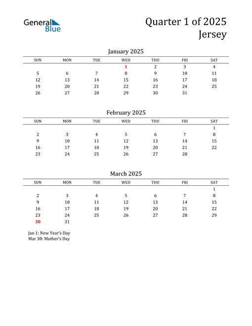  2025 Jersey Quarterly Calendar