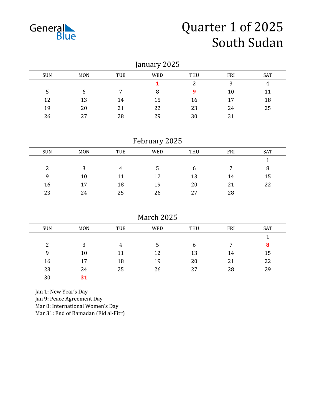 Q1 2025 Quarterly Calendar for South Sudan