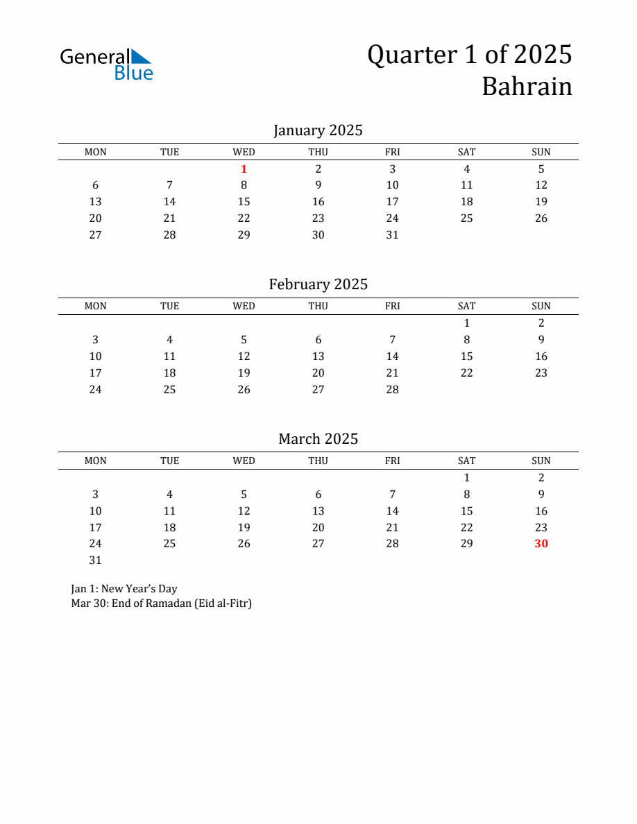 Quarter 1 2025 Bahrain Quarterly Calendar